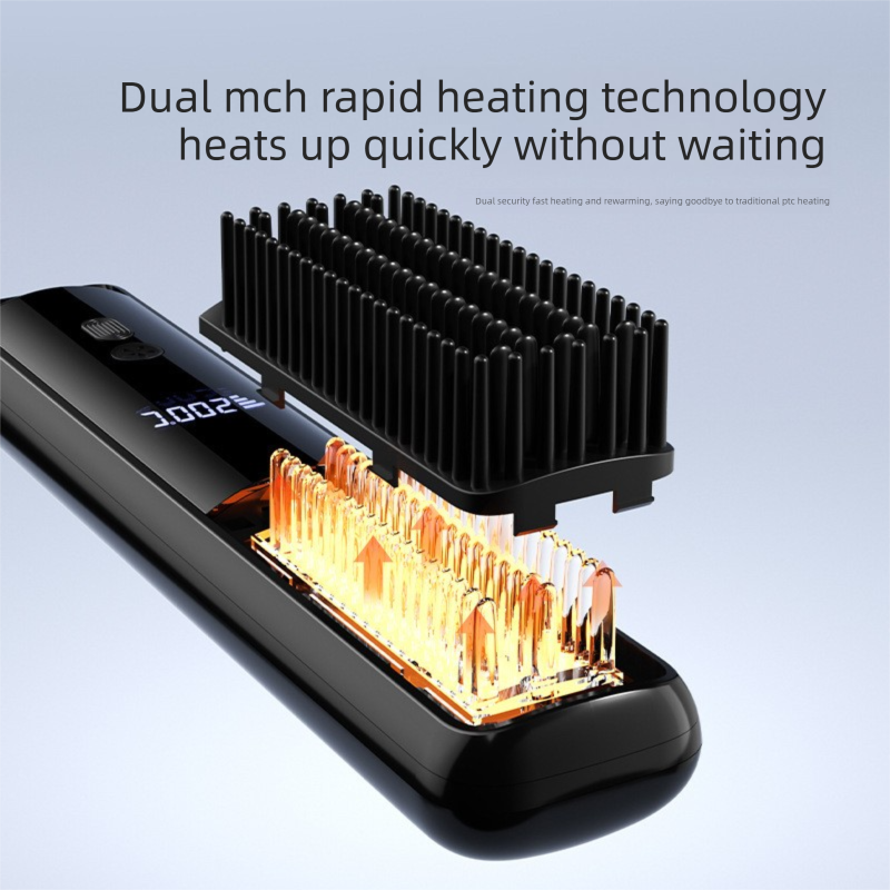 Black Wireless Rechargeable Hair Straightener Brush with LCD Display - USB-C Fast Charging, 3 Heat Settings, V888-ELOSUNG48975