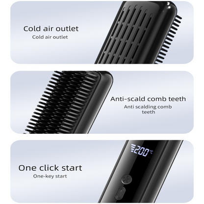 Black Wireless Rechargeable Hair Straightener Brush with LCD Display - USB-C Fast Charging, 3 Heat Settings, V888-ELOSUNG48975