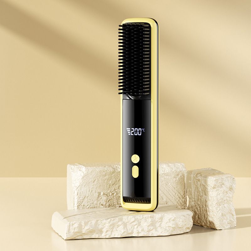Yellow Wireless Rechargeable Hair Straightener Brush with LCD Display - USB-C Fast Charging, 3 Heat Settings, V888-ELOSUNG48976