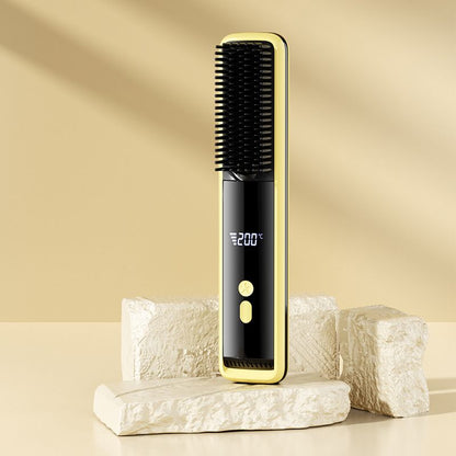 Yellow Wireless Rechargeable Hair Straightener Brush with LCD Display - USB-C Fast Charging, 3 Heat Settings, V888-ELOSUNG48976