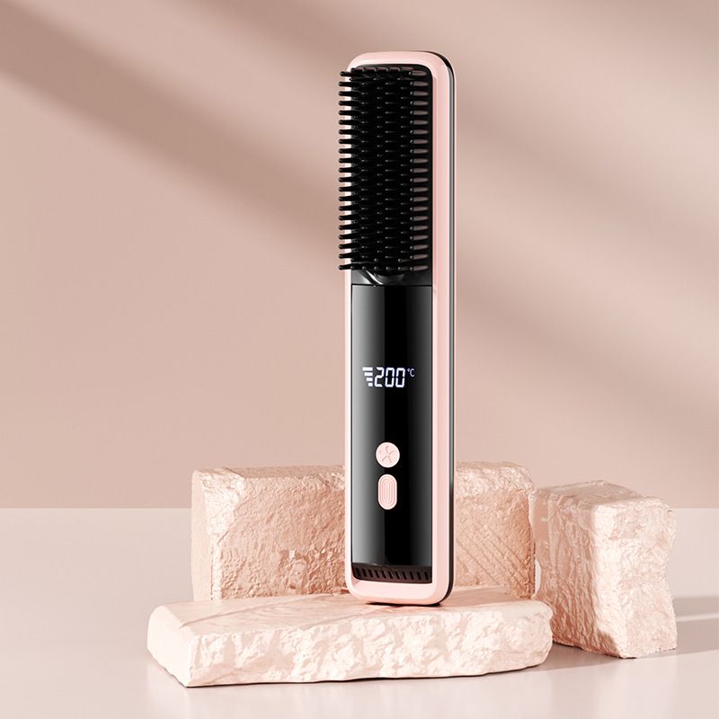 Pink Wireless Rechargeable Hair Straightener Brush with LCD Display - USB-C Fast Charging, 3 Heat Settings, V888-ELOSUNG48977