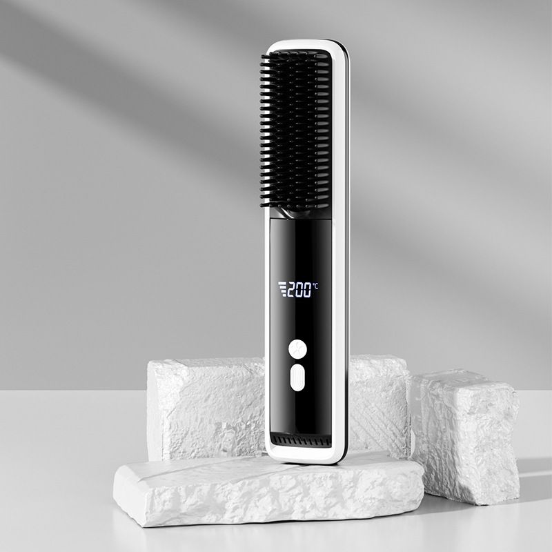 White Wireless Rechargeable Hair Straightener Brush with LCD Display - USB-C Fast Charging, 3 Heat Settings, V888-ELOSUNG48978