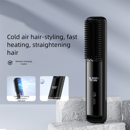 White Wireless Rechargeable Hair Straightener Brush with LCD Display - USB-C Fast Charging, 3 Heat Settings, V888-ELOSUNG48978