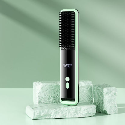 Green Wireless Rechargeable Hair Straightener Brush with LCD Display - USB-C Fast Charging, 3 Heat Settings, V888-ELOSUNG48979