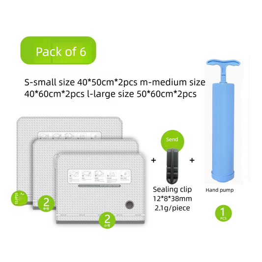 Six Vacuum Storage Bags Set with Hand Pump - Space Saving Compression Bags for Travel & Wardrobe Organization V888-ELOSUNG48984