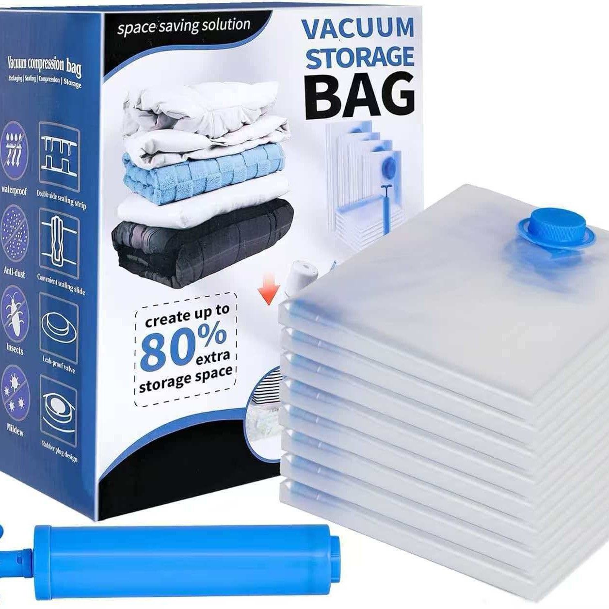 6-Piece Vacuum Storage Bags Set with Hand Pump - Multi-Size Space Saver for Quilts, Clothes & Duvets V888-ELOSUNG48987