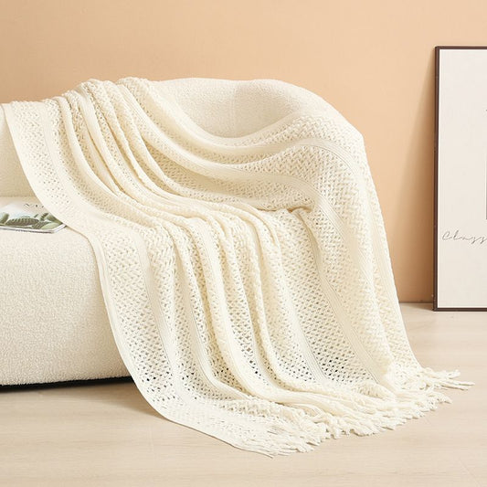 Beige Elegant Openwork Knitted Throw Blanket with Tassels - 130x230cm Large Decorative Soft Sofa Blanket for V888-ELOSUNG48998