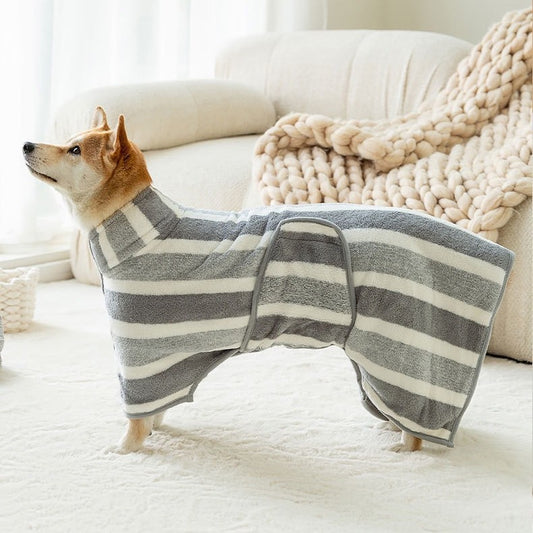 Brown Stripes Super Absorbent Pet Bathrobe with Waist Belt & Neck Snap - Full Coverage Quick-Drying Towel for V888-ELOSUNG49014