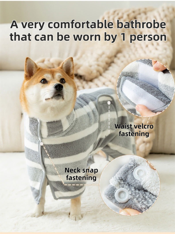 Red Stripes Super Absorbent Pet Bathrobe with Waist Belt & Neck Snap - Full Coverage Quick-Drying Towel for V888-ELOSUNG49017