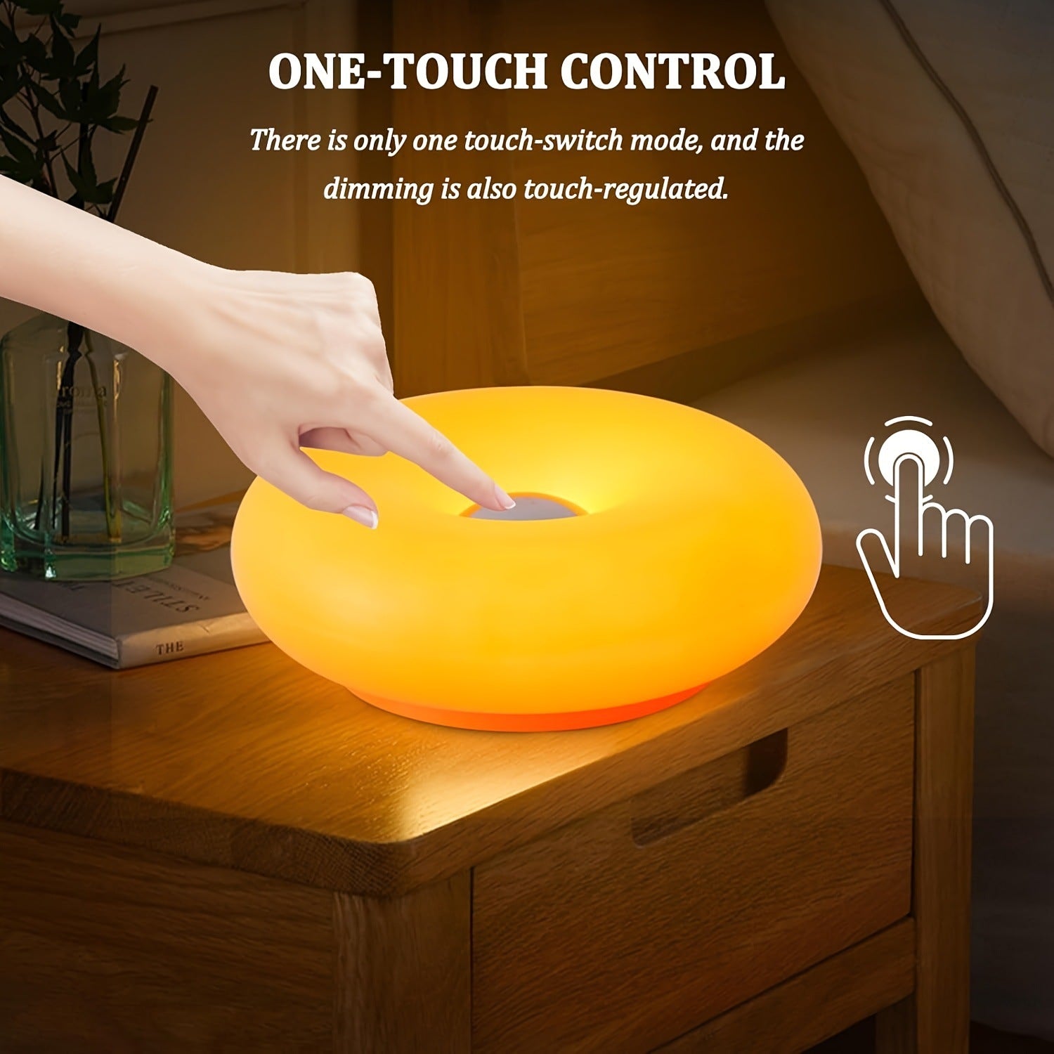 Retro Bauhaus Donut Bedside Lamp - Cordless Vibrant Orange Ambient Light and Sconce with Touch Dimming (USB V888-ELOSUNG49025