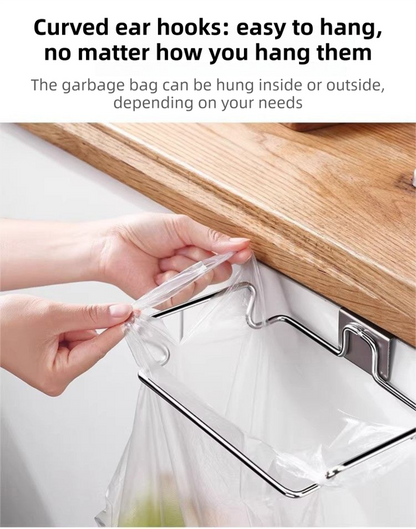 Stainless Steel Over-Cabinet Trash Bag Holder with Curved Ear Hook - Heavy Duty Hanging Waste Bag Support for V888-ELOSUNG49026