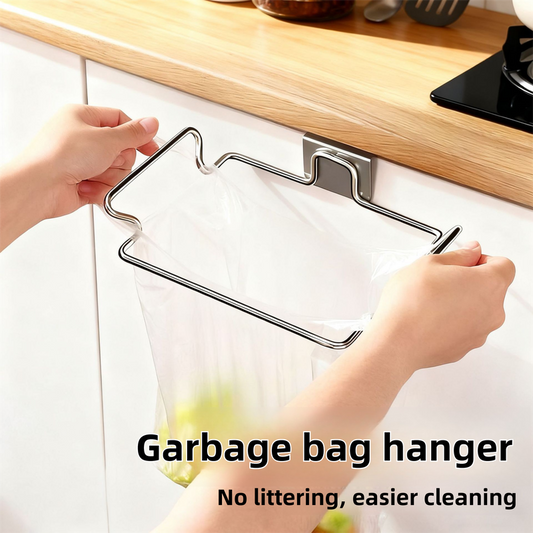 Stainless Steel Wall-Mounted Trash Bag Holder with Curved + V-Sharp Ear Hook - Heavy Duty Waste Bag Support V888-ELOSUNG49028