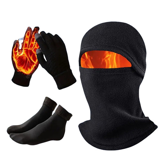 3-in-1 Black Winter Windproof and Thermal Sport Gear - Fleece Balaclava Hood, Touchscreen Gloves & Insulated V888-ELOSUNG49038