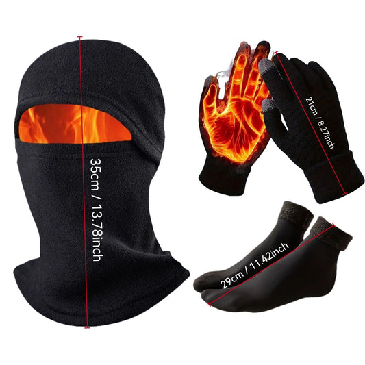 3-in-1 Black Winter Windproof and Thermal Sport Gear - Fleece Balaclava Hood, Touchscreen Gloves & Insulated V888-ELOSUNG49038