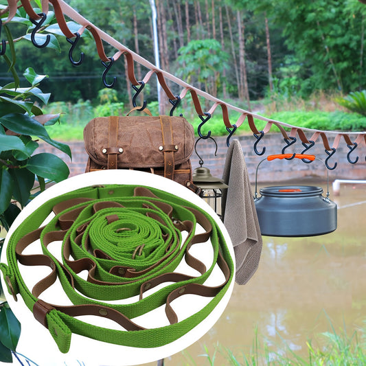 Green and Brown 5.3M Heavy Duty PU Leather Camping Lanyard with 19 Carabiners - Portable Outdoor Clothesline V888-ELOSUNG49081