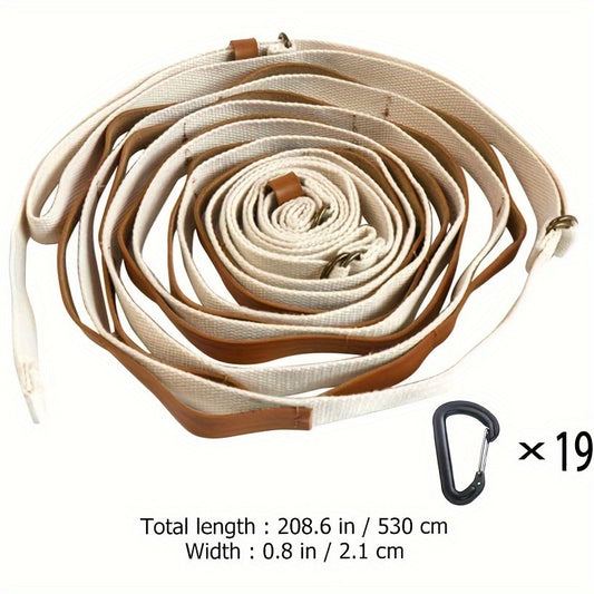 Khaki 5.3M Heavy Duty PU Leather Camping Lanyard with 19 Carabiners - Portable Outdoor Clothesline for Tents V888-ELOSUNG49082