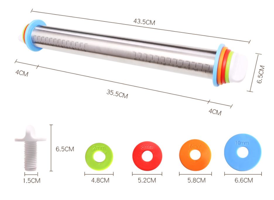 Adjustable Stainless Steel Rolling Pin with 4 Precise Thickness Rings & Clear Measurement Markings V888-ELOSUNG49092