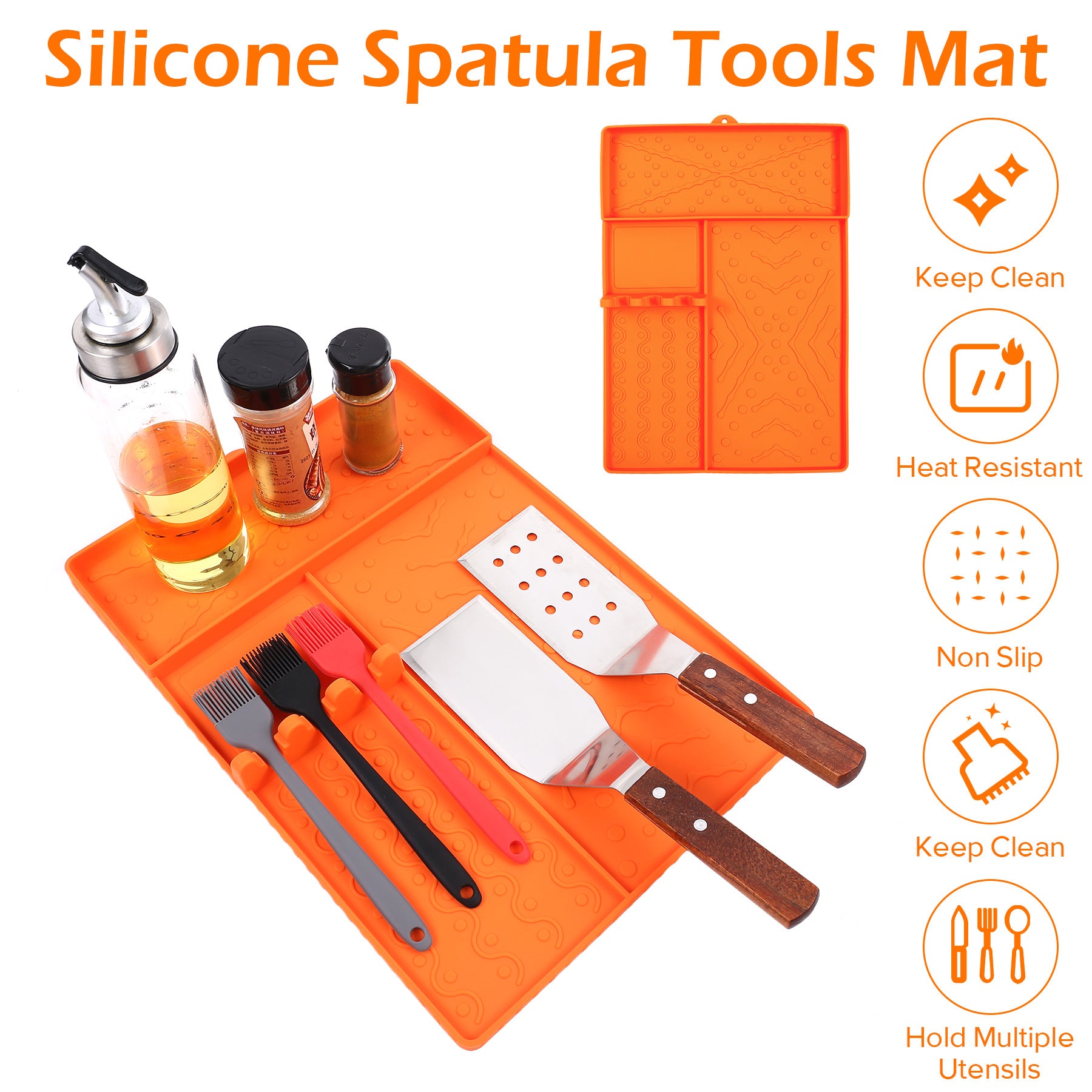 Orange Heavy-Duty Silicone Griddle Tool Mat Integrated Tool & Bottle Slots - Non-Stick BBQ Tool Draining V888-ELOSUNG49097