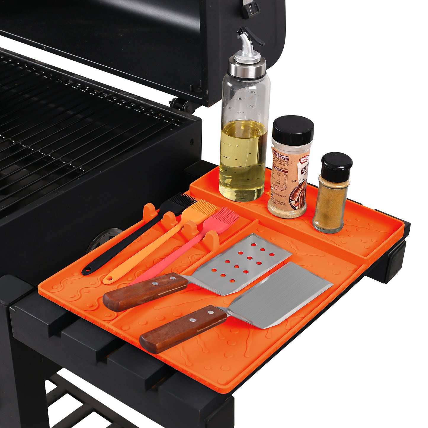 Orange Heavy-Duty Silicone Griddle Tool Mat Integrated Tool & Bottle Slots - Non-Stick BBQ Tool Draining V888-ELOSUNG49097