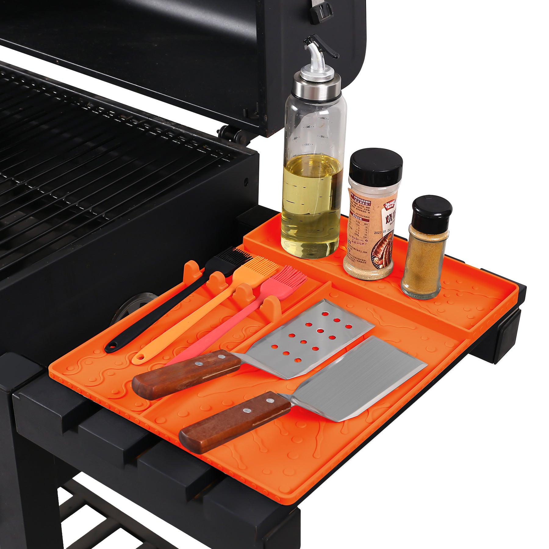 Orange Heavy-Duty Silicone Griddle Tool Mat Integrated Tool & Bottle Slots - Non-Stick BBQ Tool Draining V888-ELOSUNG49097