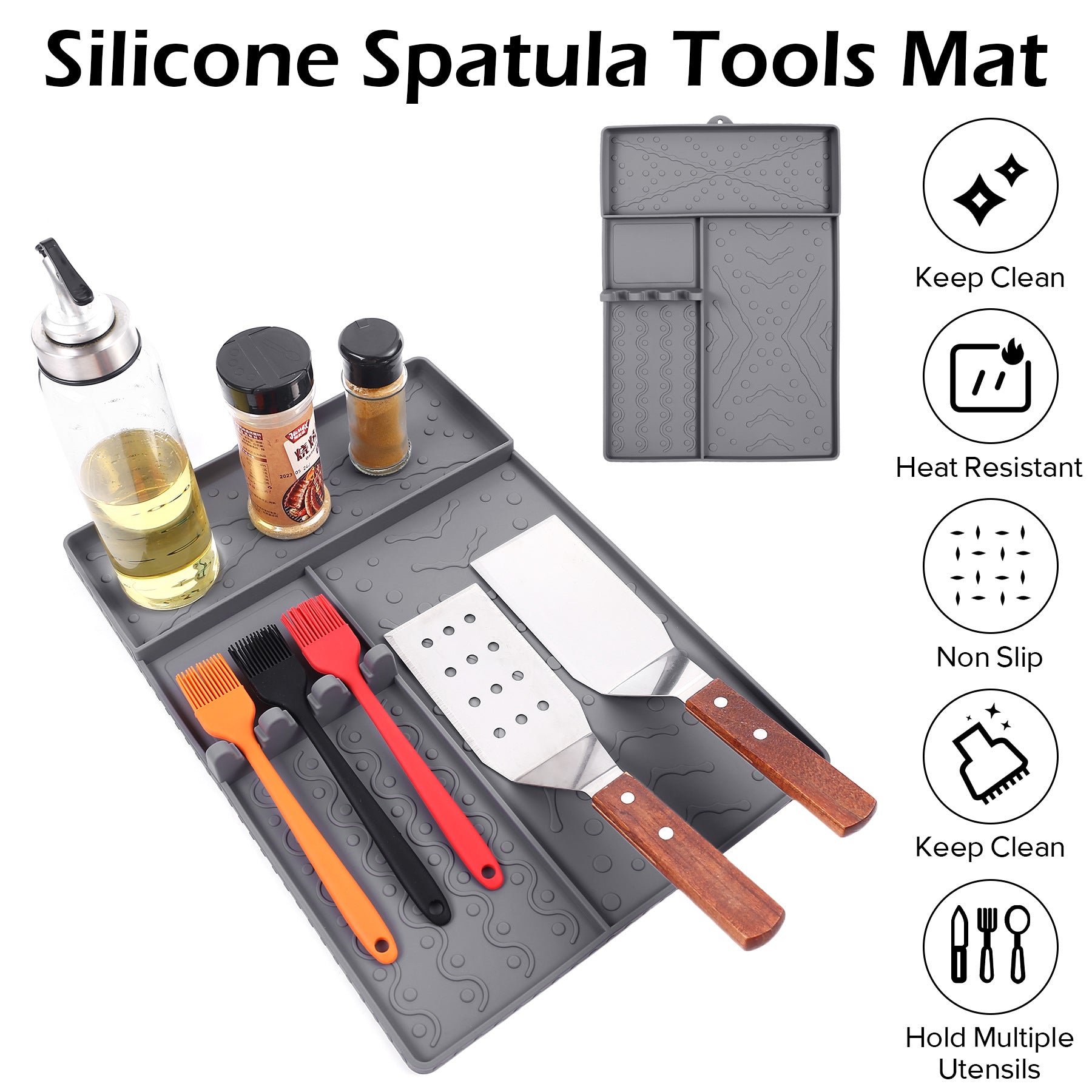Grey Heavy-Duty Silicone Griddle Tool Mat Integrated Tool & Bottle Slots - Non-Stick BBQ Tool Draining Grease V888-ELOSUNG49098