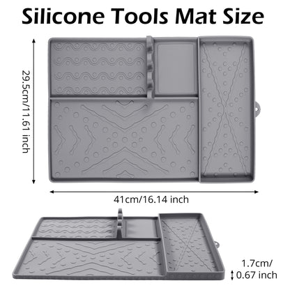 Grey Heavy-Duty Silicone Griddle Tool Mat Integrated Tool & Bottle Slots - Non-Stick BBQ Tool Draining Grease V888-ELOSUNG49098