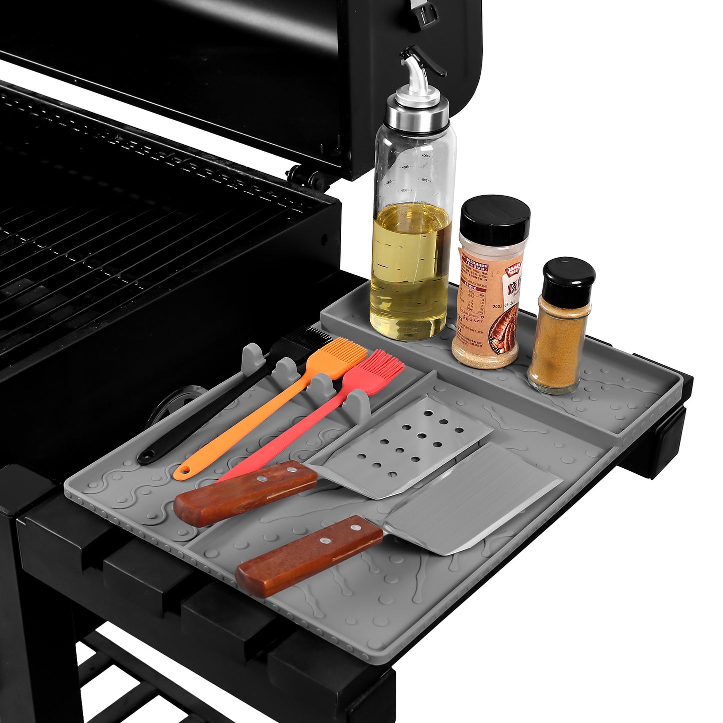 Grey Heavy-Duty Silicone Griddle Tool Mat Integrated Tool & Bottle Slots - Non-Stick BBQ Tool Draining Grease V888-ELOSUNG49098