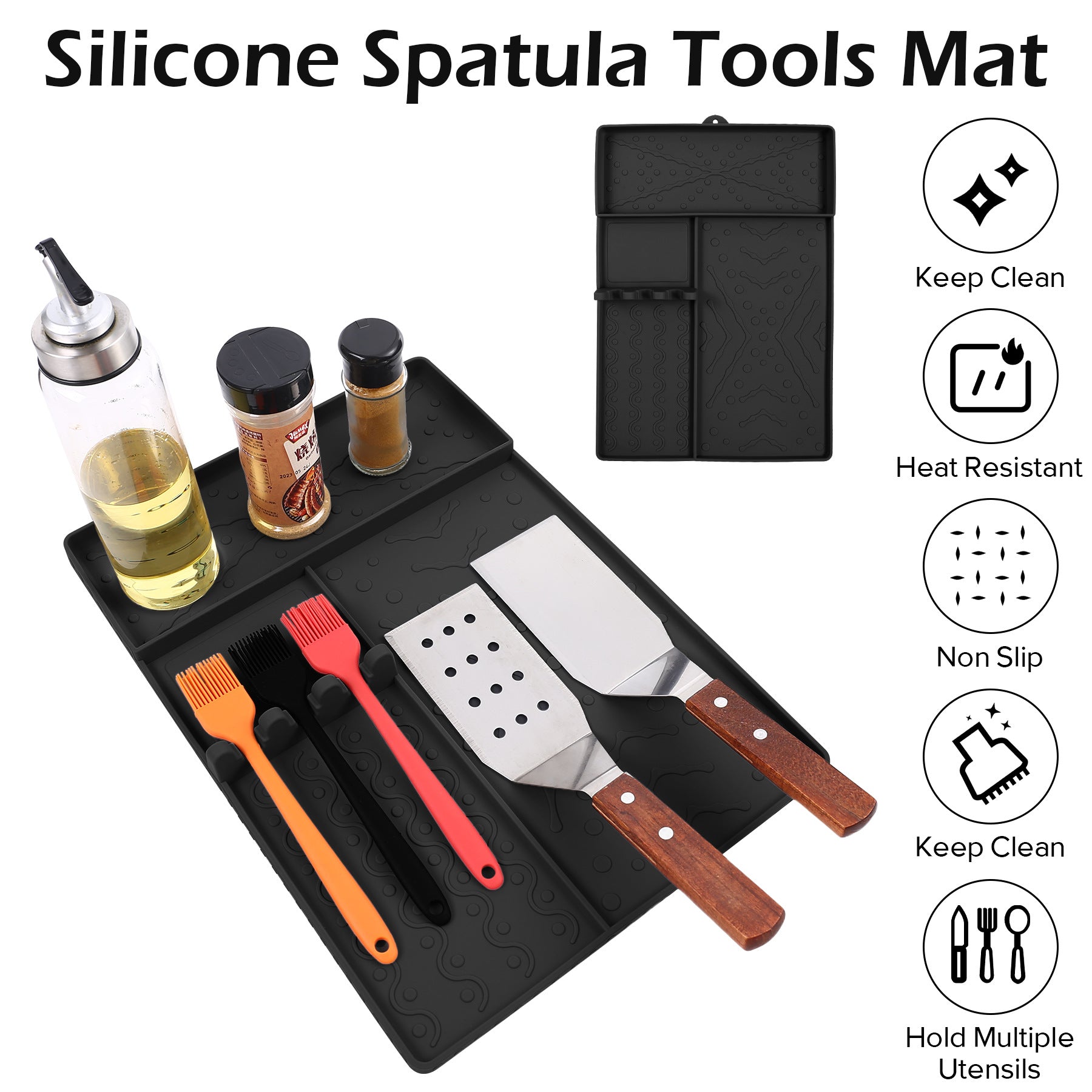 Black Heavy-Duty Silicone Griddle Tool Mat Integrated Tool & Bottle Slots - Non-Stick BBQ Tool Draining V888-ELOSUNG49099