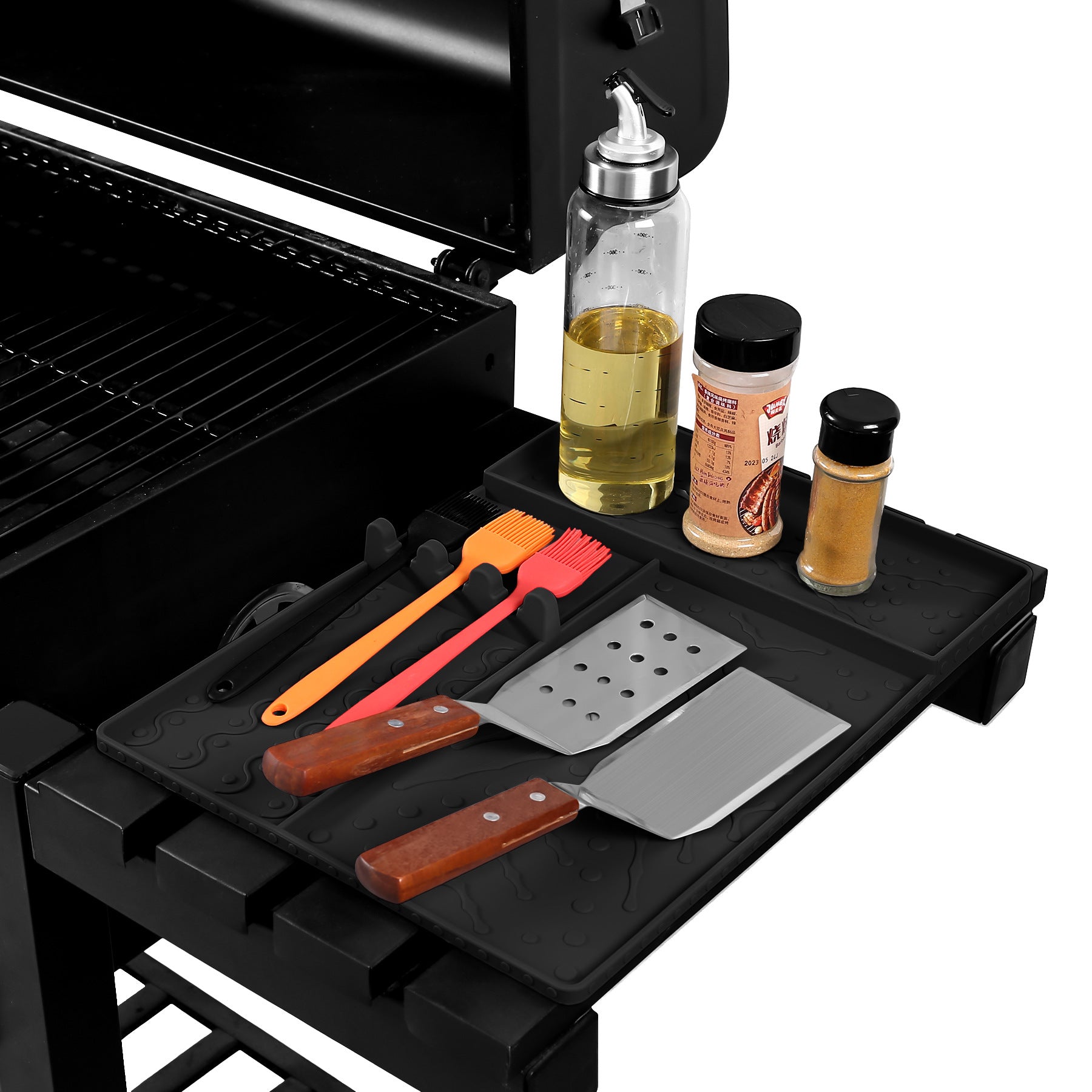 Black Heavy-Duty Silicone Griddle Tool Mat Integrated Tool & Bottle Slots - Non-Stick BBQ Tool Draining V888-ELOSUNG49099