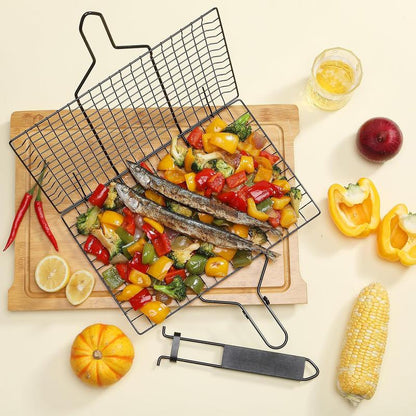180 degrees Foldable Stainless Steel BBQ Grilling Net Basket with Storage Bag & Secure Lock - Fish, Chicken V888-ELOSUNG49100