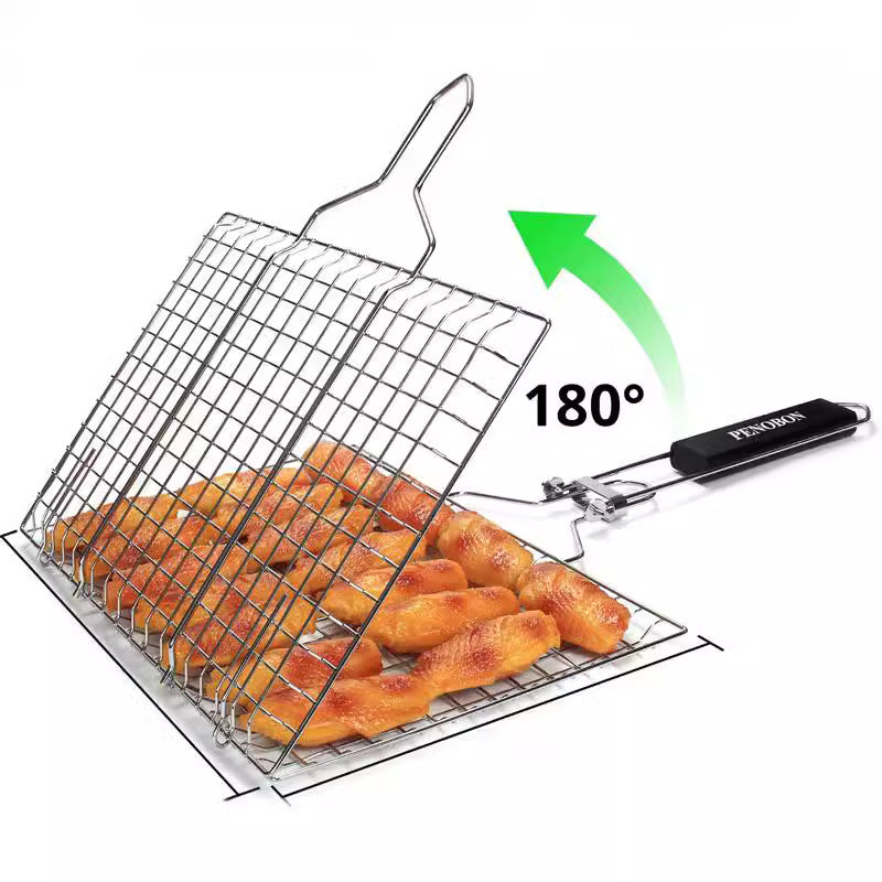 180 degrees Foldable Stainless Steel BBQ Grilling Net Basket with Storage Bag & Secure Lock - Fish, Chicken V888-ELOSUNG49100
