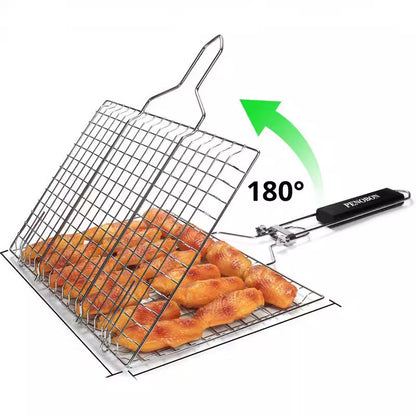 180 degrees Foldable Stainless Steel BBQ Grilling Net Basket with Storage Bag & Secure Lock - Fish, Chicken V888-ELOSUNG49100