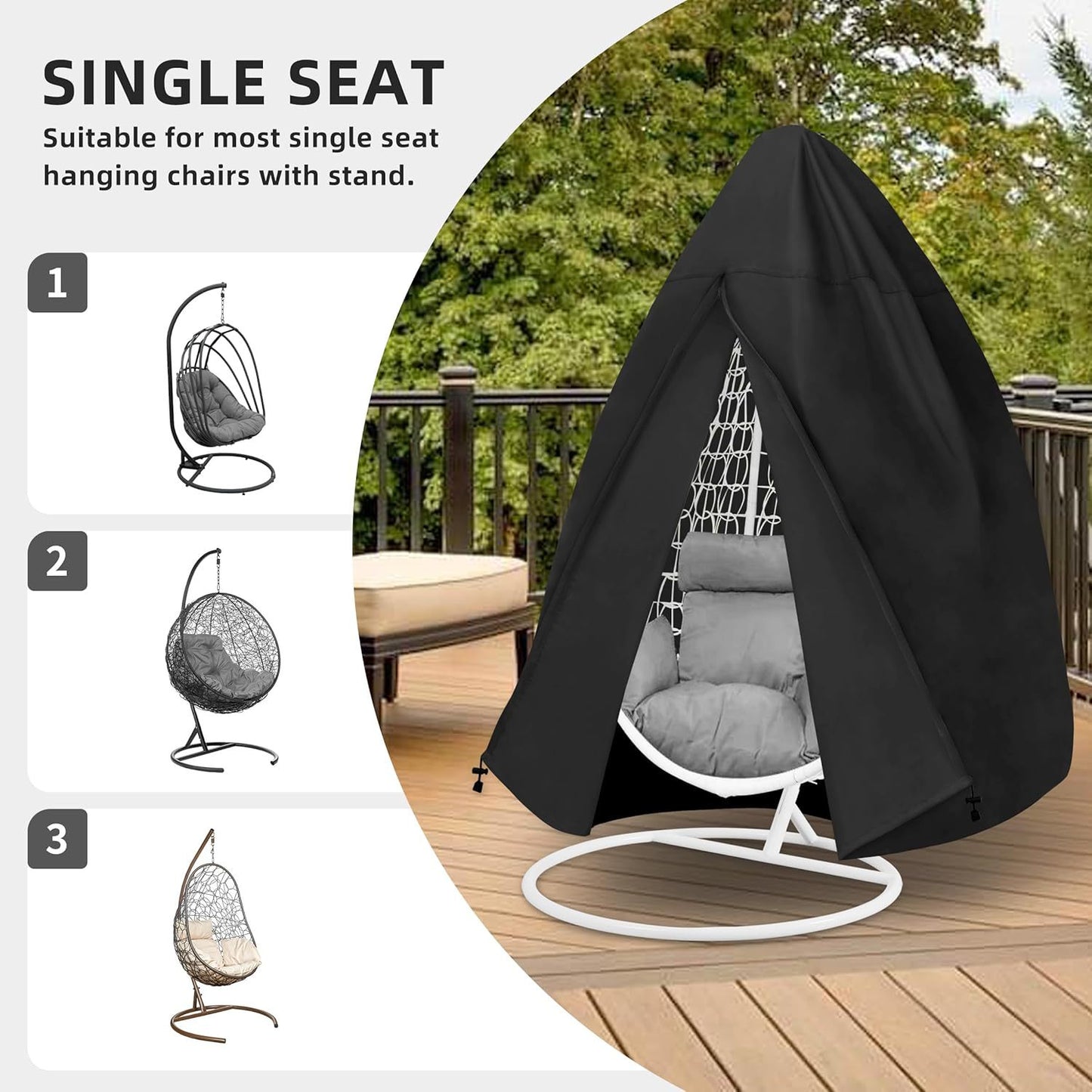 Black Heavy Duty Hanging Egg Chair Shield with Windproof Drawstring and Storage Bag - Waterproof & Dustproof V888-ELOSUNG49107