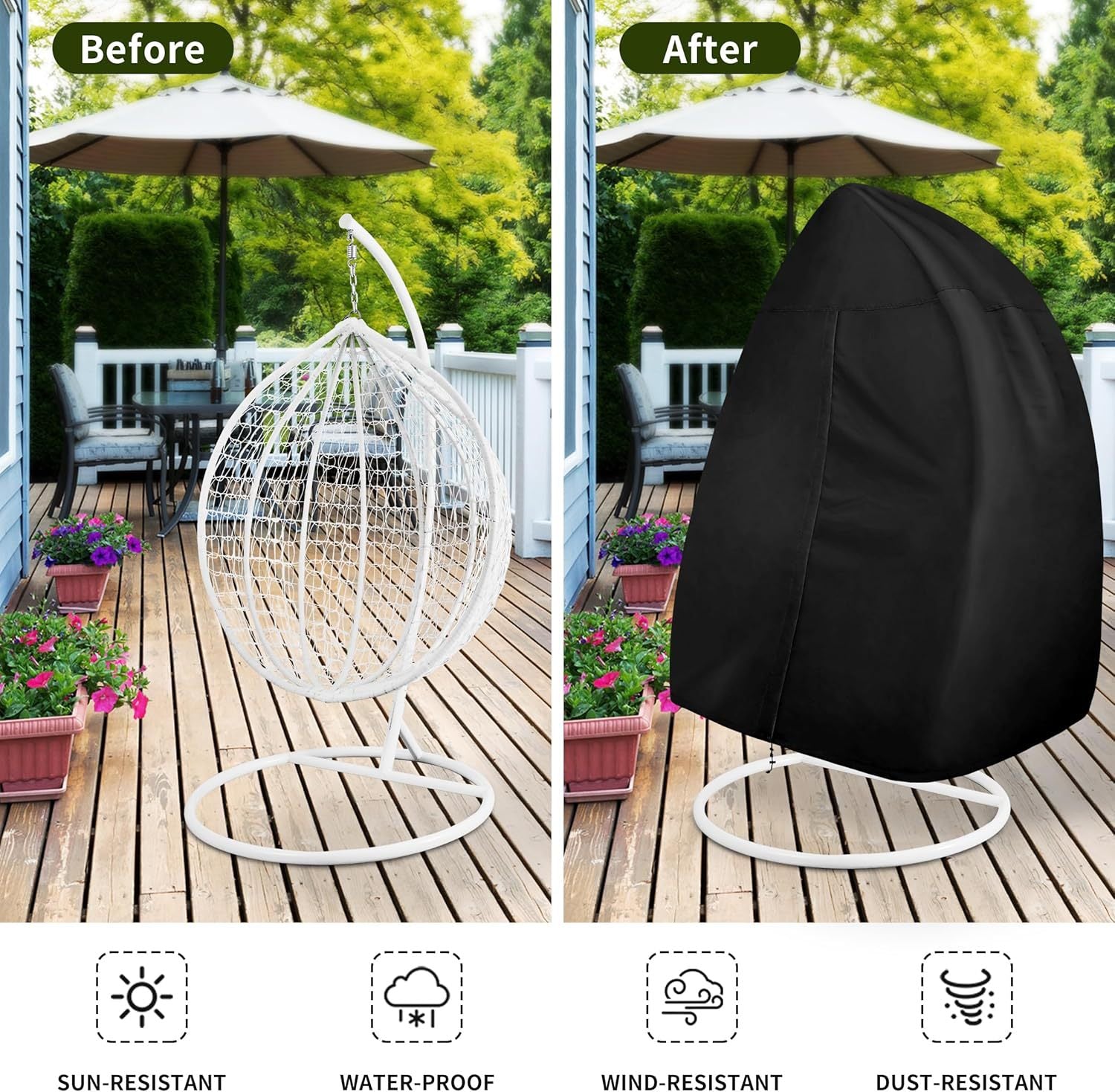 Black Heavy Duty Hanging Egg Chair Shield with Windproof Drawstring and Storage Bag - Waterproof & Dustproof V888-ELOSUNG49107