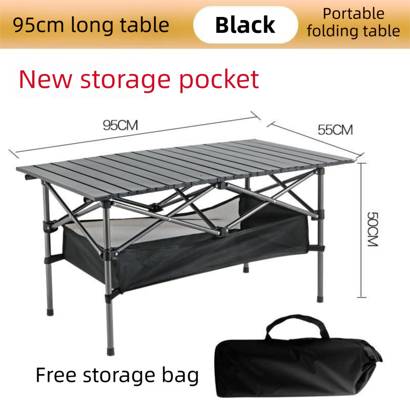 95CM Black Portable Folding Egg Roll Camping Table with Storage Bag & Mesh Net- Heavy-Duty Carbon Steel V888-ELOSUNG49109