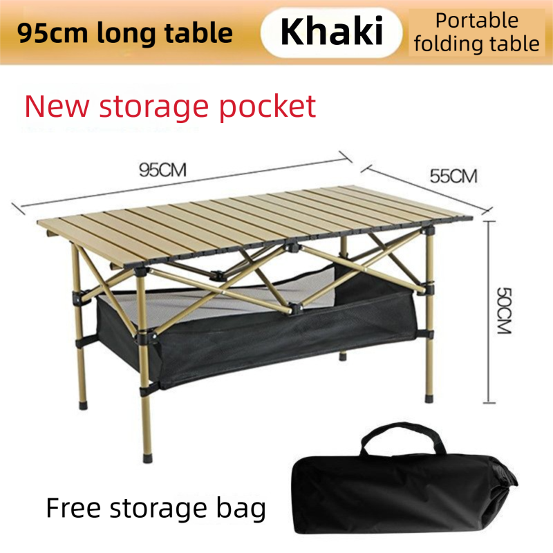 95CM Khaki Portable Folding Egg Roll Camping Table with Storage Bag & Mesh Net- Heavy-Duty Carbon Steel V888-ELOSUNG49110