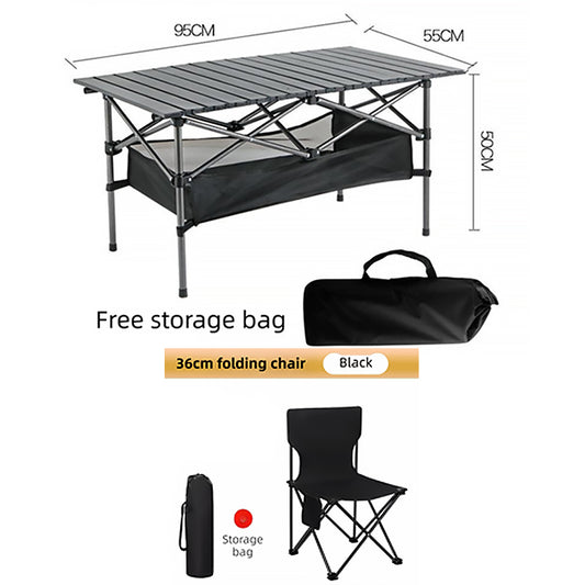 95CM Black Portable Folding Egg Roll Camping Table + 4-Pack 36CM Chairs with Storage Bag & Mesh Net- V888-ELOSUNG49113