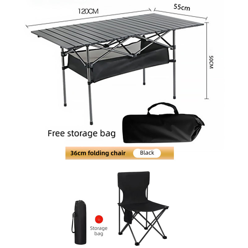 120CM Black Portable Folding Egg Roll Camping Table + 4-Pack 36CM Chairs with Storage Bag & Mesh Net- V888-ELOSUNG49115