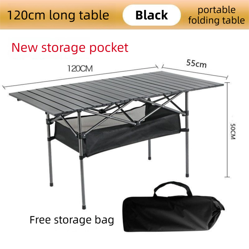 120CM Black Portable Folding Egg Roll Camping Table + 4-Pack 36CM Chairs with Storage Bag & Mesh Net- V888-ELOSUNG49115