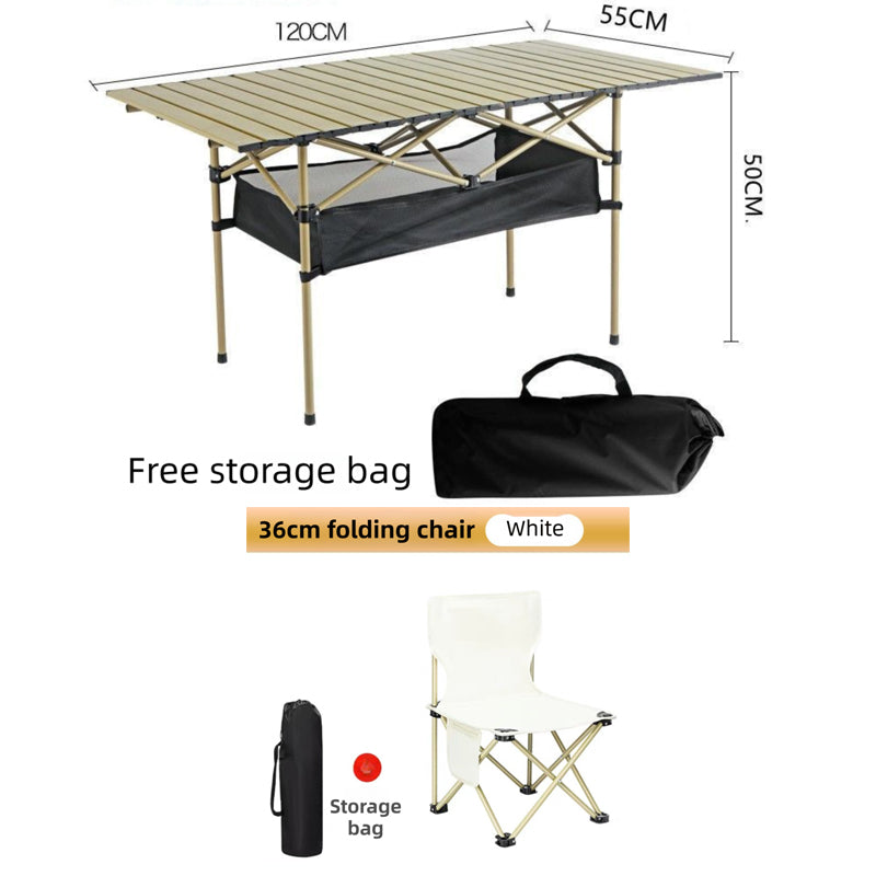 120CM Khaki Portable Folding Egg Roll Camping Table + 4-Pack 36CM Chairs with Storage Bag & Mesh Net- V888-ELOSUNG49116