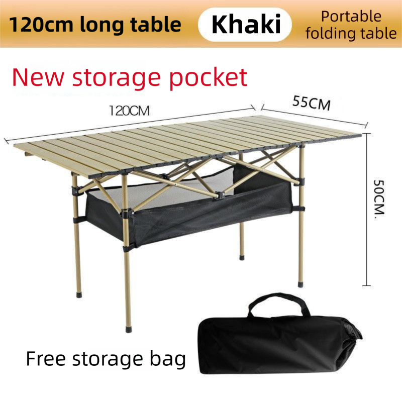 120CM Khaki Portable Folding Egg Roll Camping Table + 4-Pack 36CM Chairs with Storage Bag & Mesh Net- V888-ELOSUNG49116