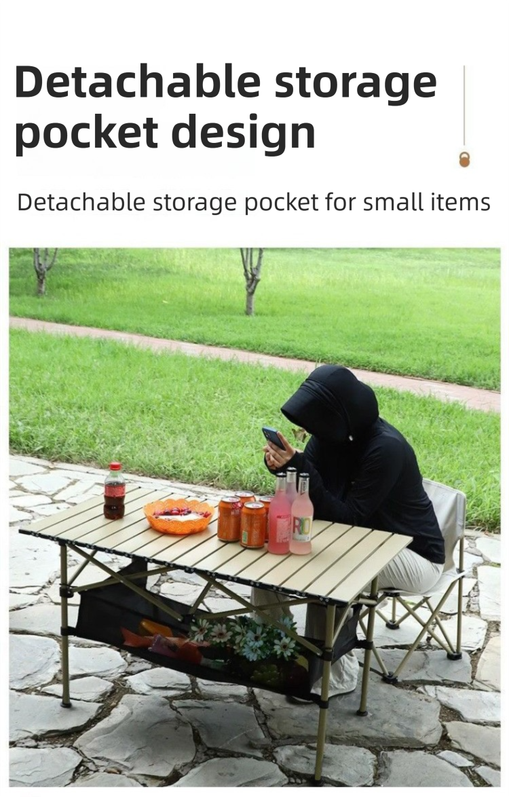 120CM Khaki Portable Folding Egg Roll Camping Table + 4-Pack 36CM Chairs with Storage Bag & Mesh Net- V888-ELOSUNG49116