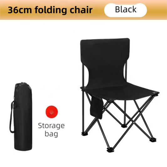 36CM Black Portable Folding Camping Chair with Storage Bag & Pocket - Heavy-Duty Carbon Steel Picnic Chair V888-ELOSUNG49117