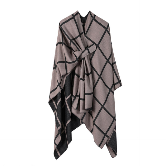 Brown Elegant Check Knit Travel Shawl with Stylish Side-Slit Design - Fall & Winter Luxurious Cashmere-Feel V888-ELOSUNG49122