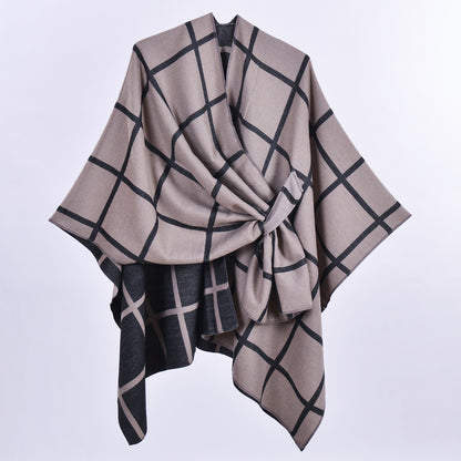 Brown Elegant Check Knit Travel Shawl with Stylish Side-Slit Design - Fall & Winter Luxurious Cashmere-Feel V888-ELOSUNG49122