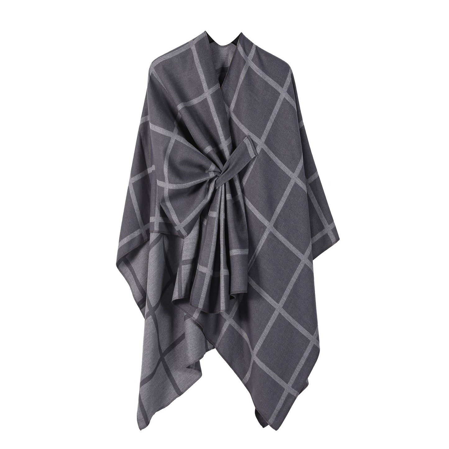 Grey Elegant Check Knit Travel Shawl with Stylish Side-Slit Design - Fall & Winter Luxurious Cashmere-Feel V888-ELOSUNG49123