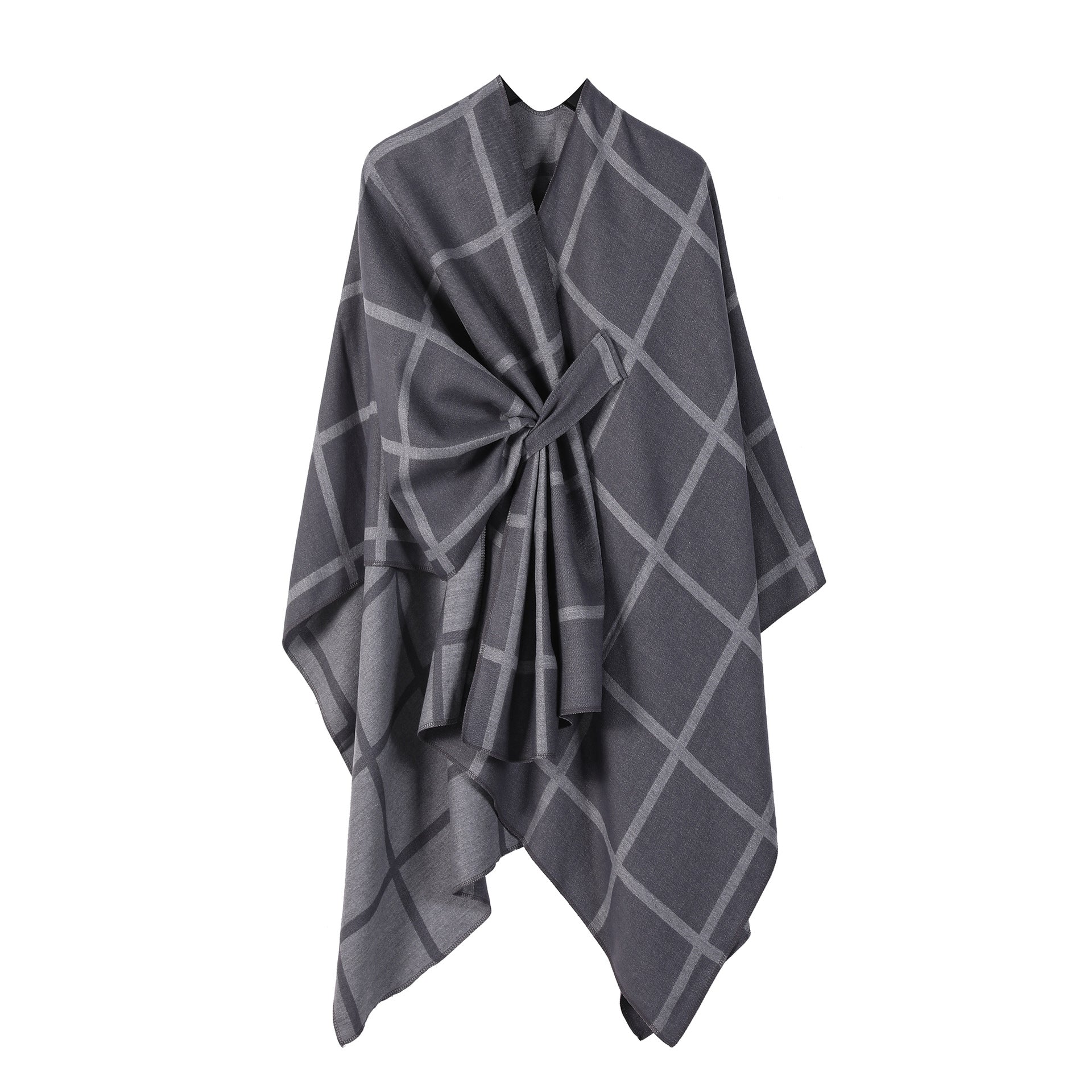 Grey Elegant Check Knit Travel Shawl with Stylish Side-Slit Design - Fall & Winter Luxurious Cashmere-Feel V888-ELOSUNG49123