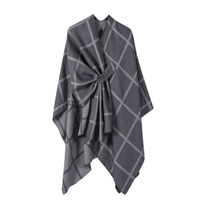 Grey Elegant Check Knit Travel Shawl with Stylish Side-Slit Design - Fall & Winter Luxurious Cashmere-Feel V888-ELOSUNG49123