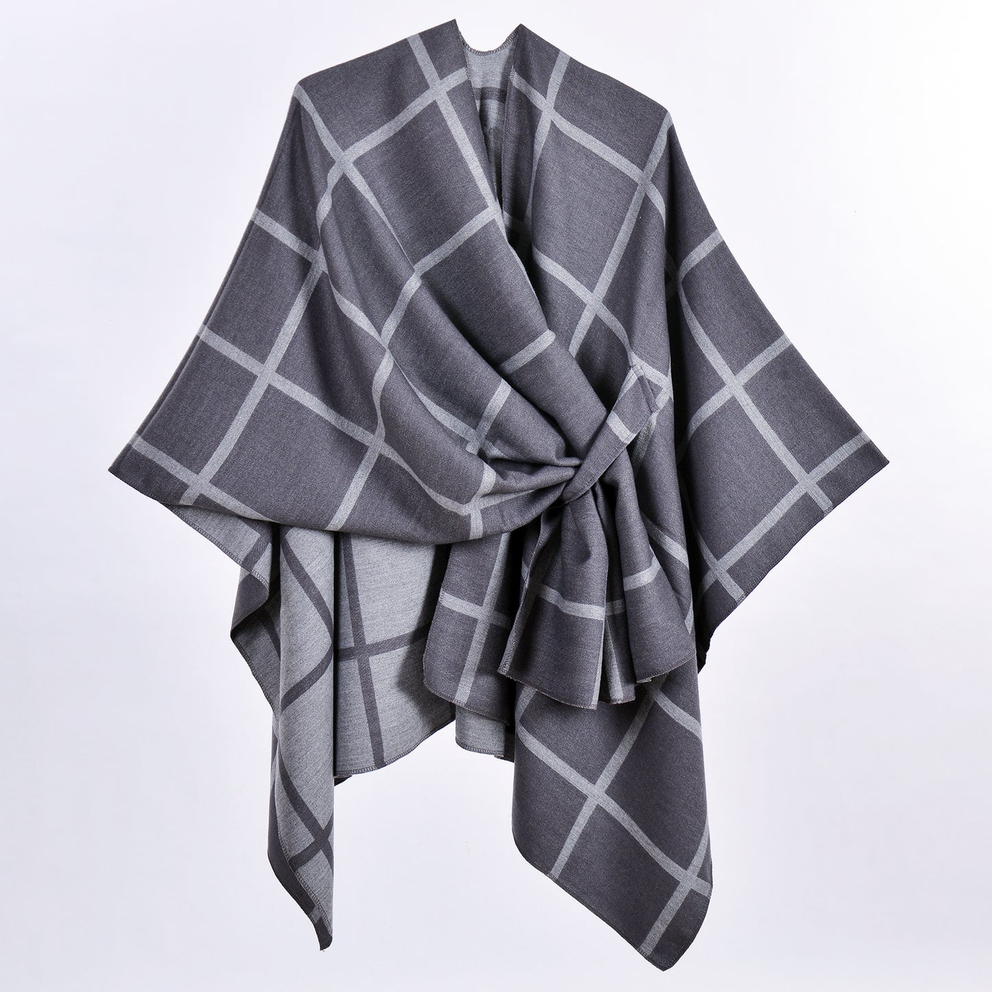 Grey Elegant Check Knit Travel Shawl with Stylish Side-Slit Design - Fall & Winter Luxurious Cashmere-Feel V888-ELOSUNG49123