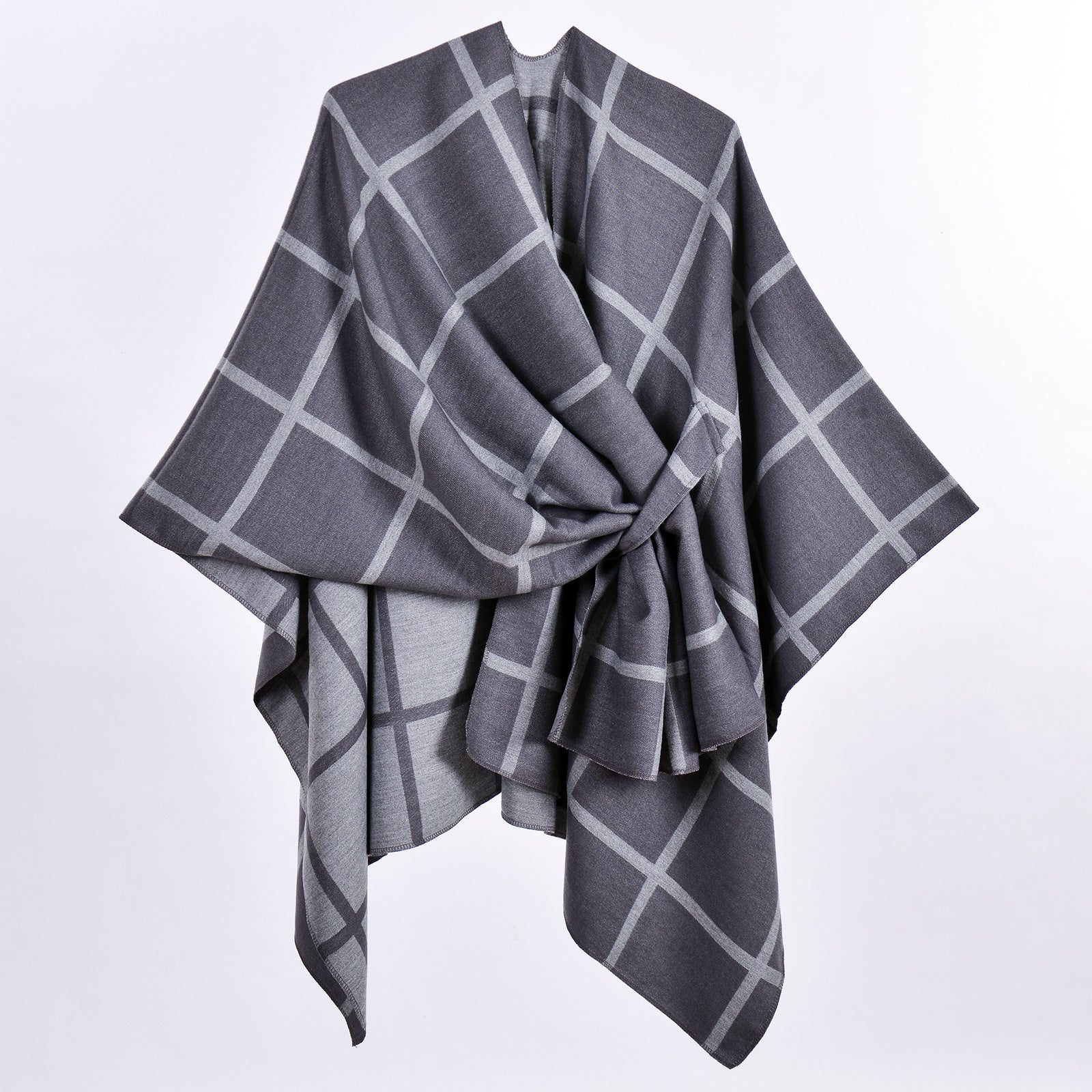 Grey Elegant Check Knit Travel Shawl with Stylish Side-Slit Design - Fall & Winter Luxurious Cashmere-Feel V888-ELOSUNG49123